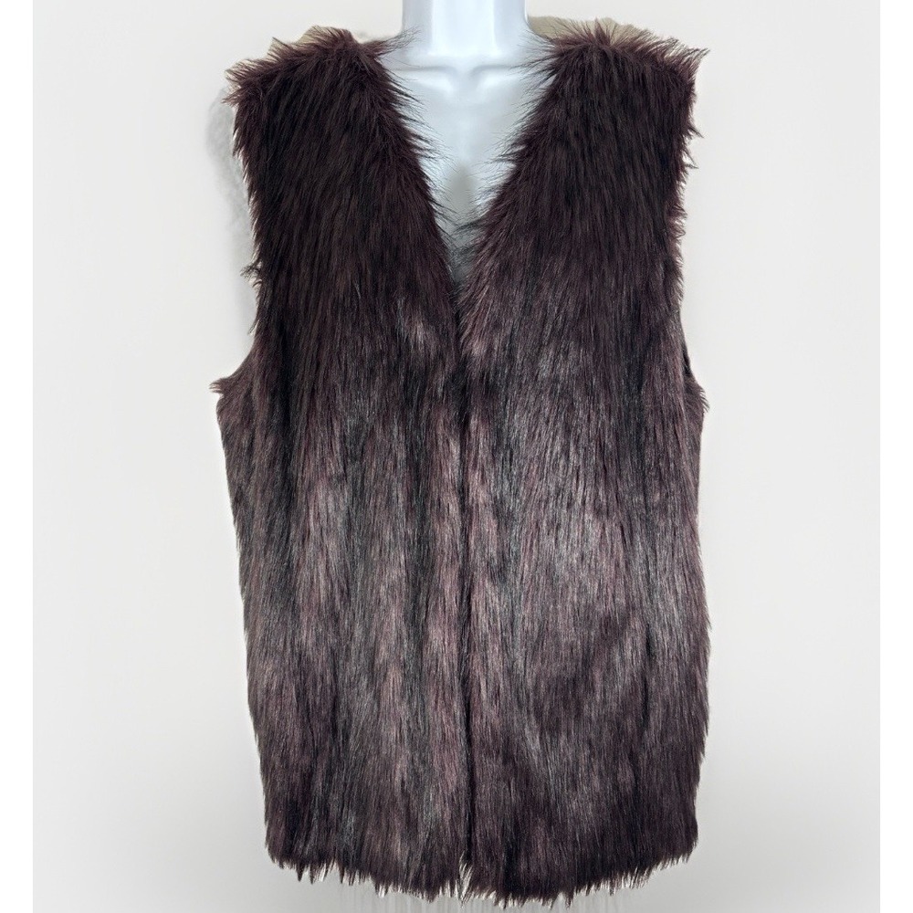 Sebby Collection Faux Fur Vest Burgundy‎ Knit Back Open Front XXL Soviet Chic